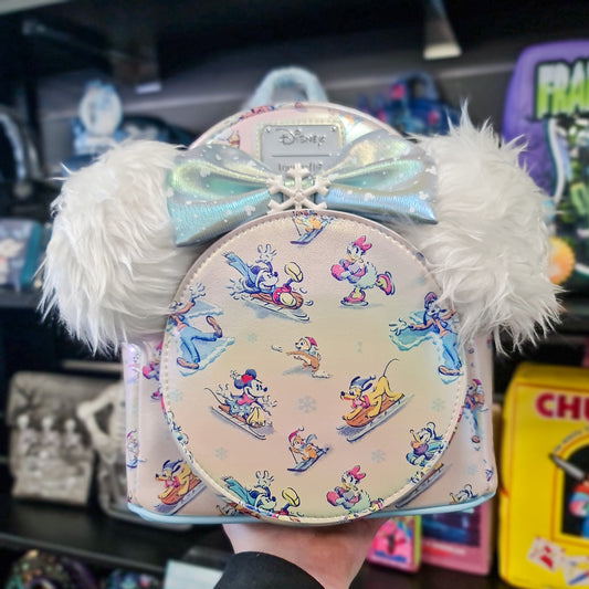 DISNEY MICKEY AND FRIENDS WINTER WONDERLAND AOP MINI BACKPACK WITH HEADBAND