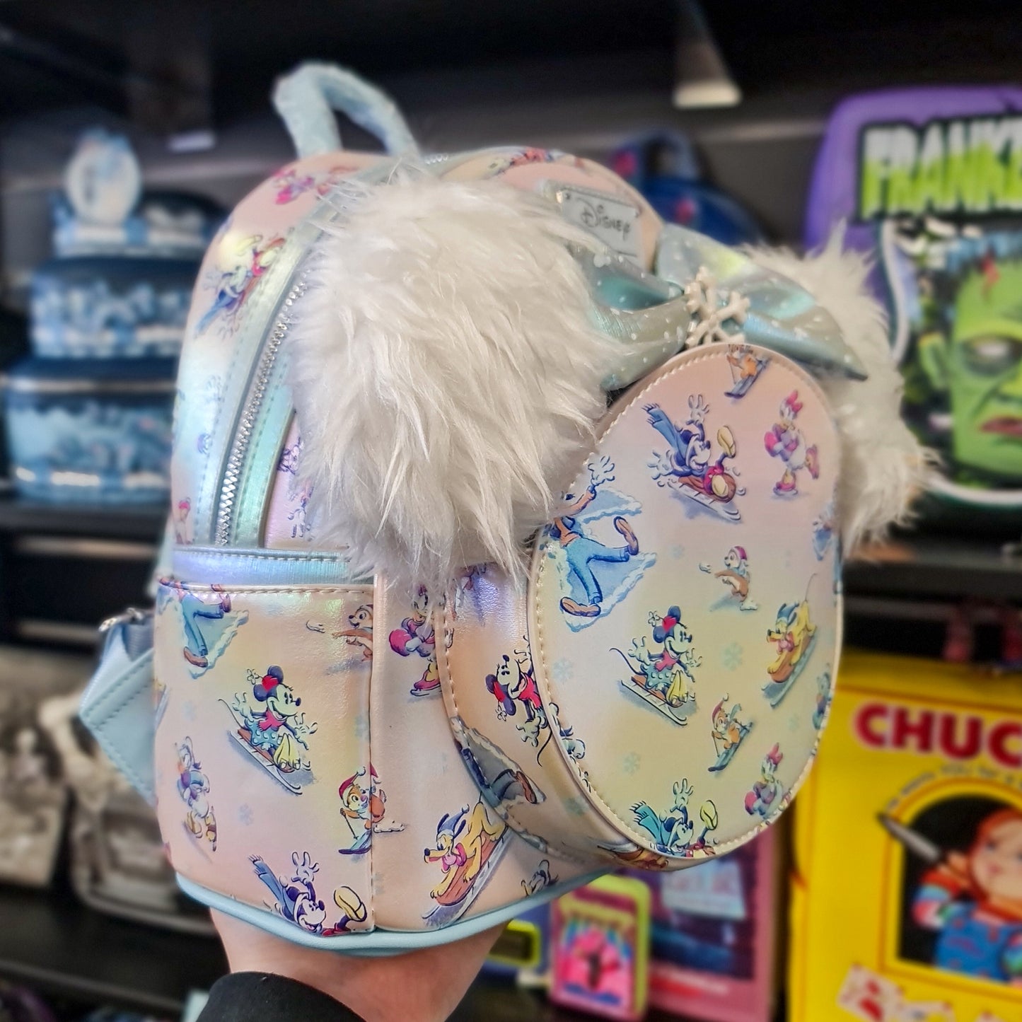 DISNEY MICKEY AND FRIENDS WINTER WONDERLAND AOP MINI BACKPACK WITH HEADBAND